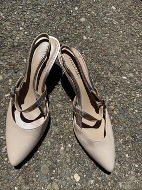 Ellen Tracy Nude Pointed-Toe Slingback Heels with Metallic Straps